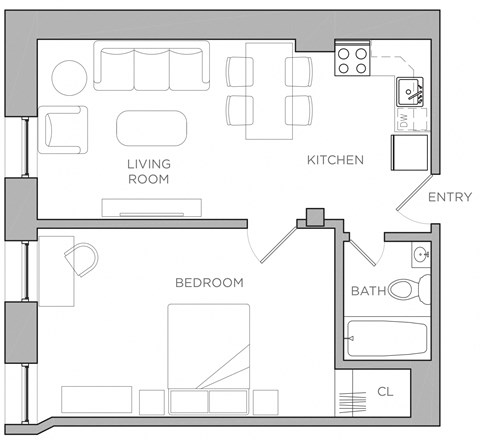 Floor plan for 1 bed, 1 bath, 717 sqft